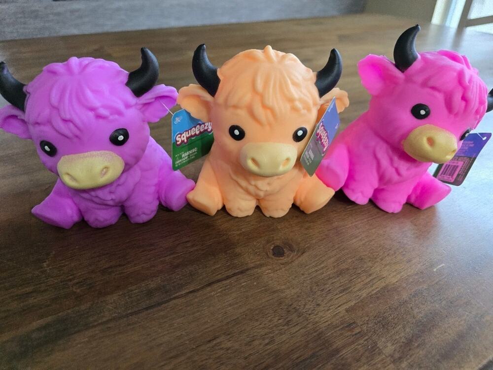 Lot of 3 Sunny Days Squeeezy Highland Cow Squishy Toy 3+ Viral Fidget Squeeze